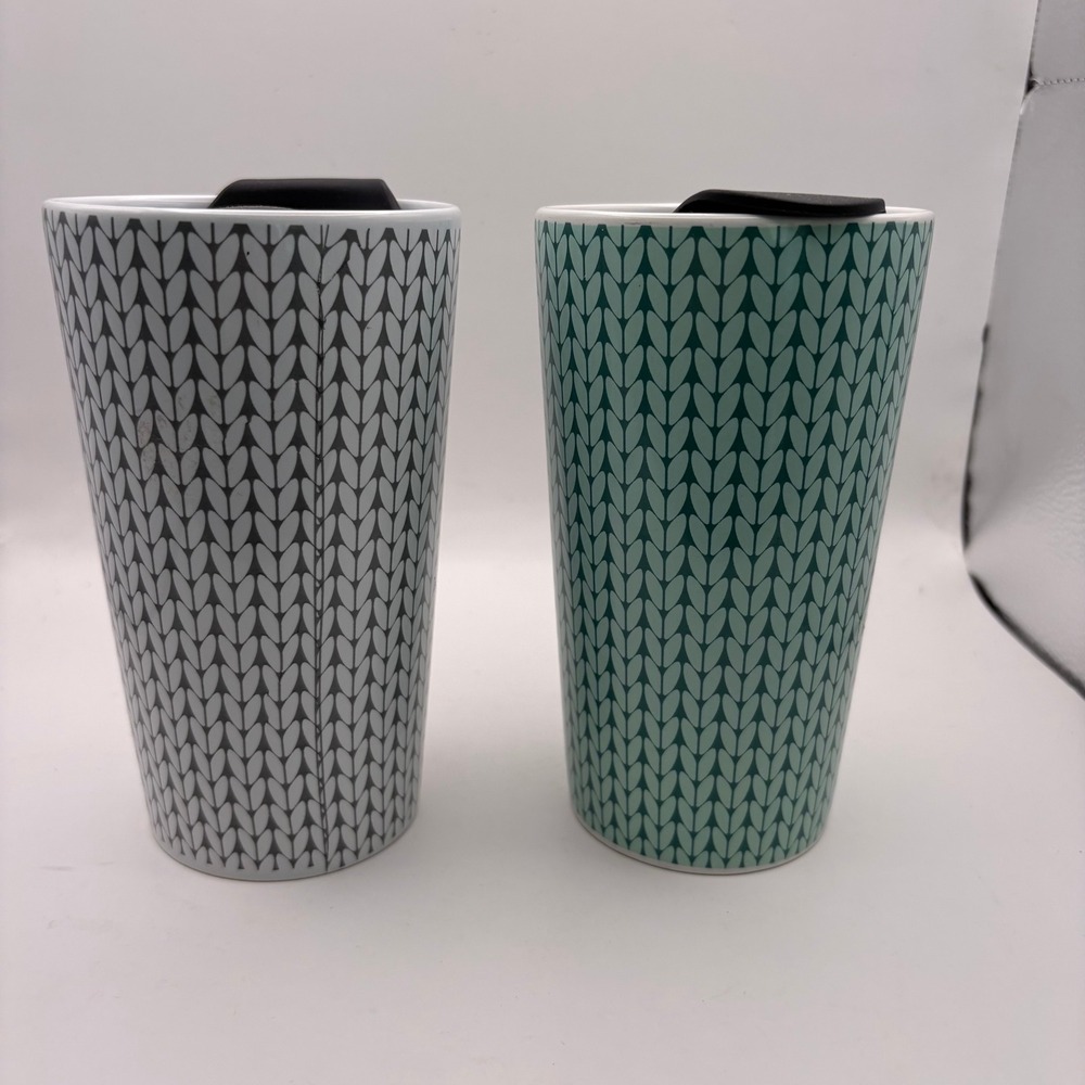 DesignPac Ceramic Travel Mug Set of 2 Knit Pattern Grey Teal Tumbler with Lids